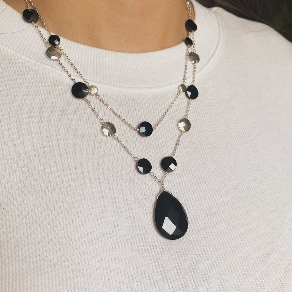 White House Black Market Black Crystal Teardrop Silver Chain Layered Necklace